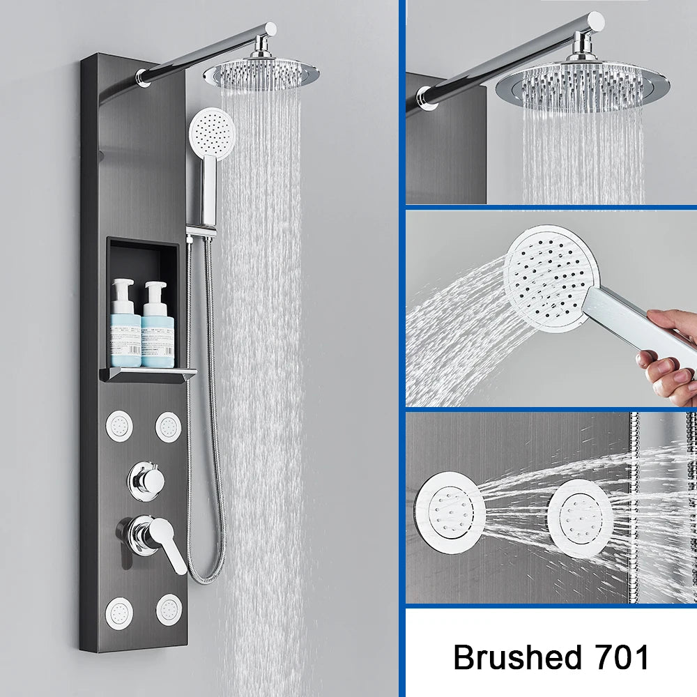 Brushed Nickel Shower Panel Column Rain&Waterfall Shower Head Massage Jets Hot and Cold Mixer Tap Bathroom Shower Faucet