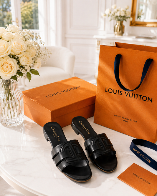 Christian Dior – Mules plates CD en cuir vert kaki | Élégance