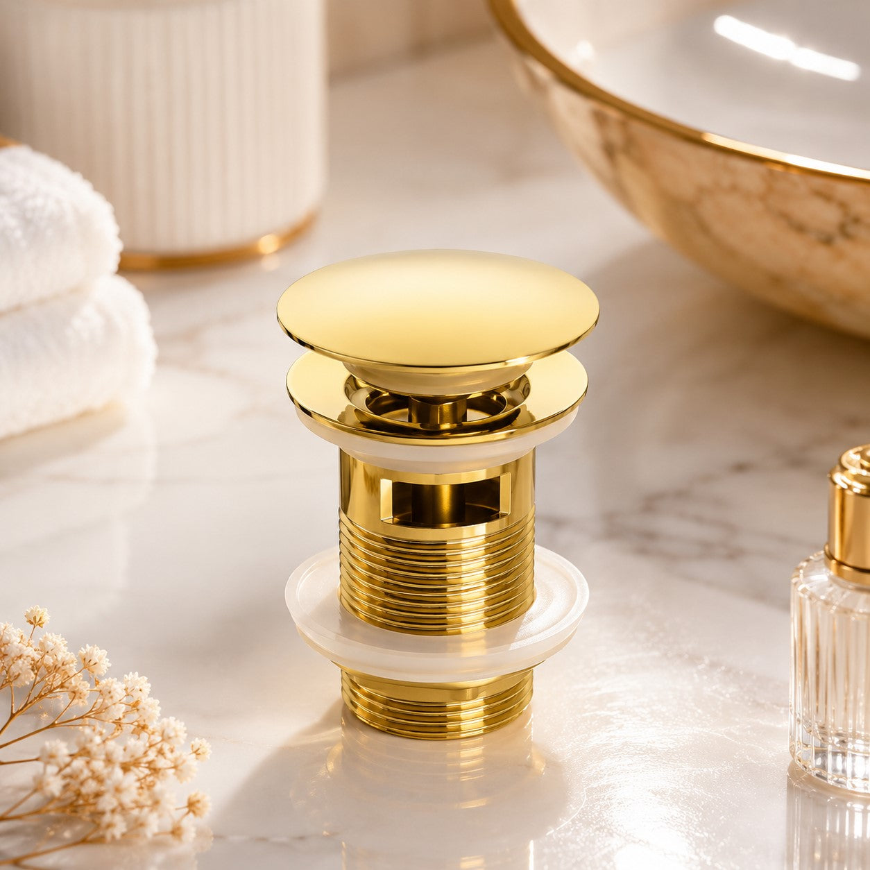 Bathroom Sink Push Down Pop Up Stopper Drain in Brushed Gold,Matt Black,White,Rose Gold,Gold,Chrome Washbasin Accessoires