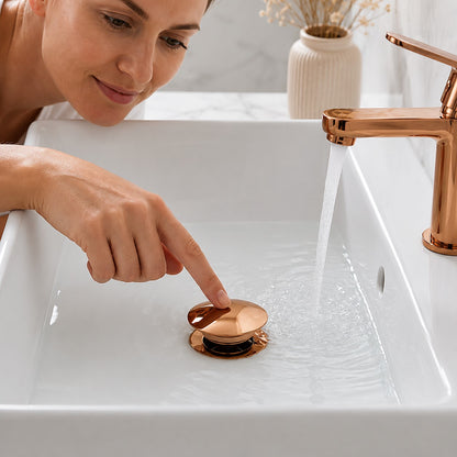Bathroom Sink Push Down Pop Up Stopper Drain in Brushed Gold,Matt Black,White,Rose Gold,Gold,Chrome Washbasin Accessoires