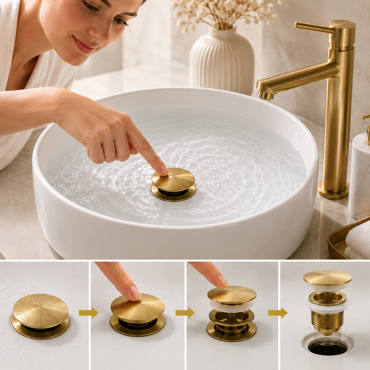 Bathroom Sink Push Down Pop Up Stopper Drain in Brushed Gold,Matt Black,White,Rose Gold,Gold,Chrome Washbasin Accessoires