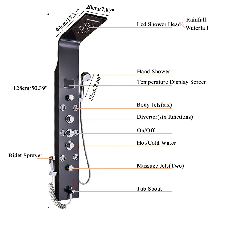 Wanmivezlo Shower Panel Column 6-Ways Functions LED Rain Waterfall Shower With Digital Display and Bidet Bath Shower Crane