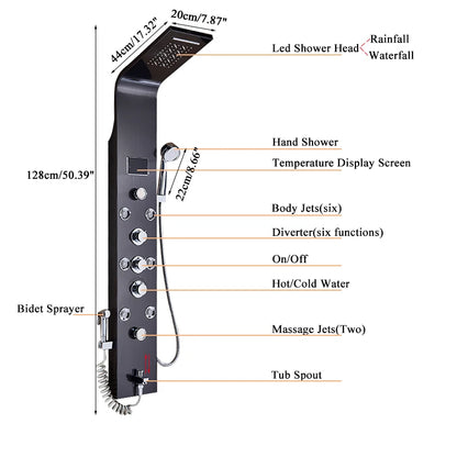 Wanmivezlo Shower Panel Column 6-Ways Functions LED Rain Waterfall Shower With Digital Display and Bidet Bath Shower Crane