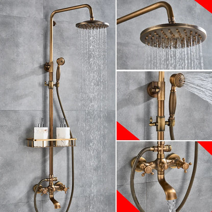 Antique Brass Shower Faucets Set 8'' Rainfall Shower Head Brass Handshower Dual Handle Mixer Tap Rotation Bath Shower Faucet