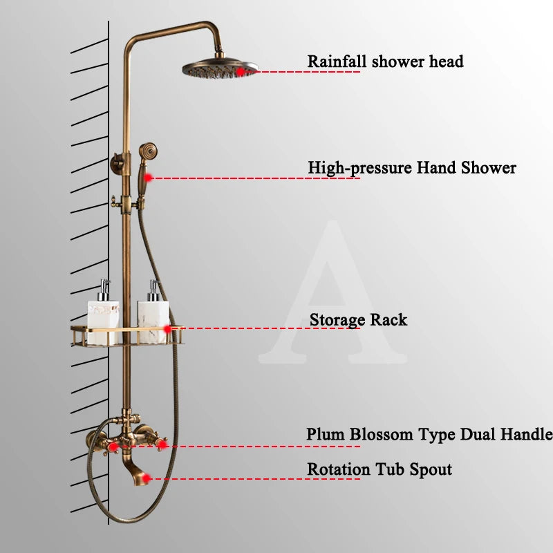 Antique Brass Shower Faucets Set 8'' Rainfall Shower Head Brass Handshower Dual Handle Mixer Tap Rotation Bath Shower Faucet