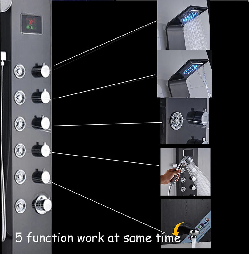 Wanmivezlo Shower Panel Column 6-Ways Functions LED Rain Waterfall Shower With Digital Display and Bidet Bath Shower Crane