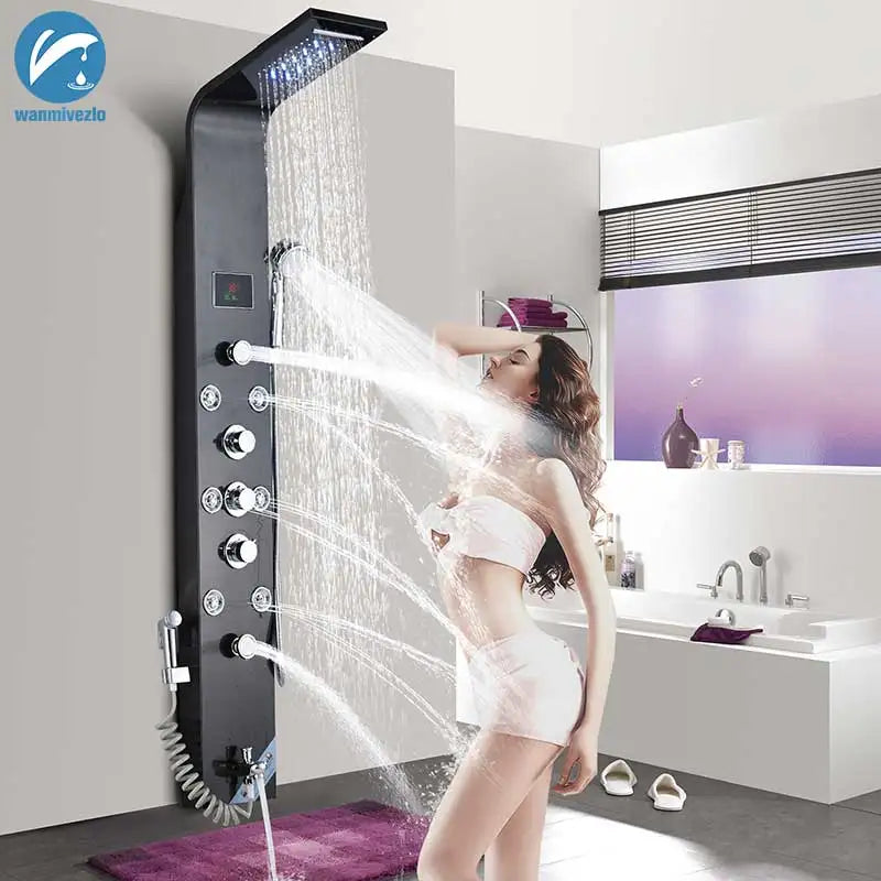 Wanmivezlo Shower Panel Column 6-Ways Functions LED Rain Waterfall Shower With Digital Display and Bidet Bath Shower Crane