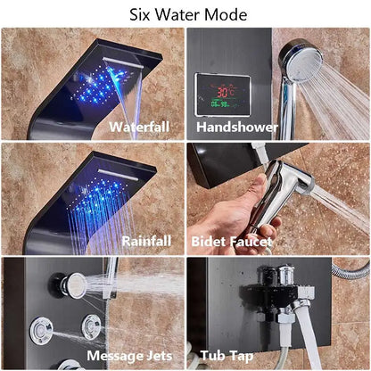 Wanmivezlo Shower Panel Column 6-Ways Functions LED Rain Waterfall Shower With Digital Display and Bidet Bath Shower Crane
