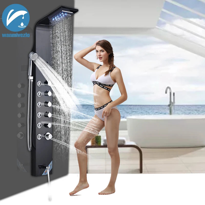 Wanmivezlo Shower Panel Column 6-Ways Functions LED Rain Waterfall Shower With Digital Display and Bidet Bath Shower Crane