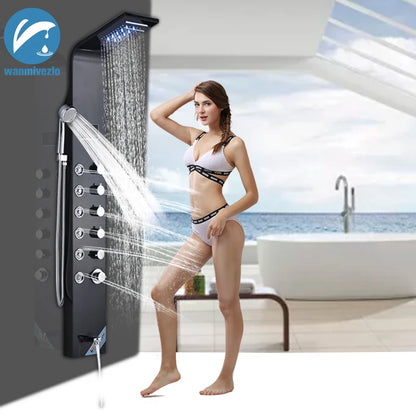 Wanmivezlo Shower Panel Column 6-Ways Functions LED Rain Waterfall Shower With Digital Display and Bidet Bath Shower Crane
