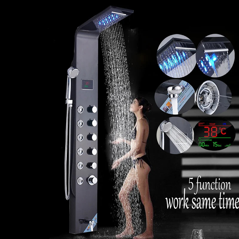 Wanmivezlo Shower Panel Column 6-Ways Functions LED Rain Waterfall Shower With Digital Display and Bidet Bath Shower Crane