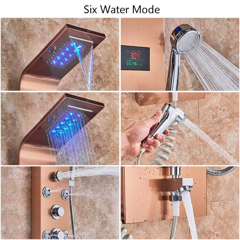 Wanmivezlo Shower Panel Column 6-Ways Functions LED Rain Waterfall Shower With Digital Display and Bidet Bath Shower Crane