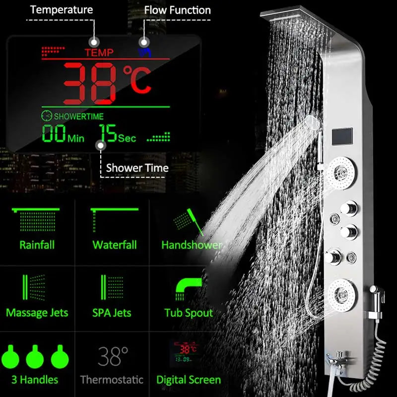Wanmivezlo Shower Panel Column 6-Ways Functions LED Rain Waterfall Shower With Digital Display and Bidet Bath Shower Crane