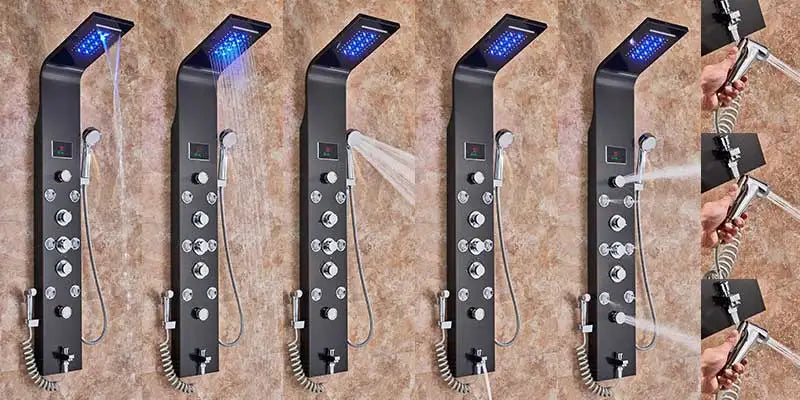 Wanmivezlo Shower Panel Column 6-Ways Functions LED Rain Waterfall Shower With Digital Display and Bidet Bath Shower Crane