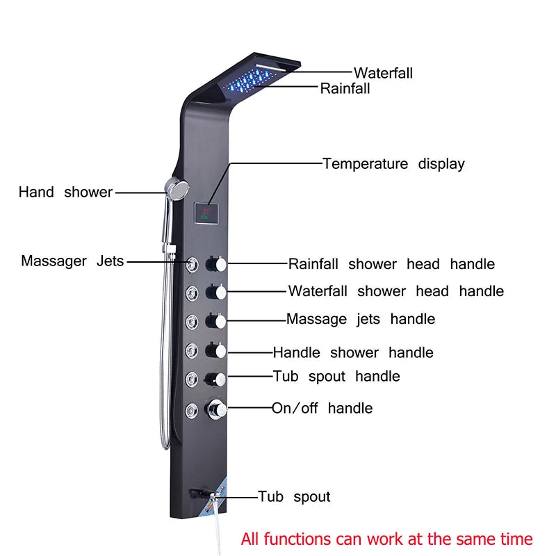 Wanmivezlo Shower Panel Column 6-Ways Functions LED Rain Waterfall Shower With Digital Display and Bidet Bath Shower Crane