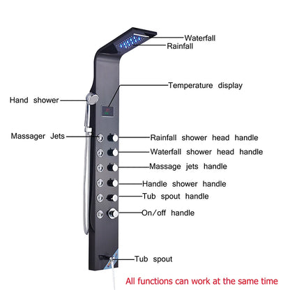 Wanmivezlo Shower Panel Column 6-Ways Functions LED Rain Waterfall Shower With Digital Display and Bidet Bath Shower Crane