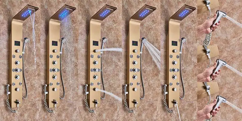 Wanmivezlo Shower Panel Column 6-Ways Functions LED Rain Waterfall Shower With Digital Display and Bidet Bath Shower Crane