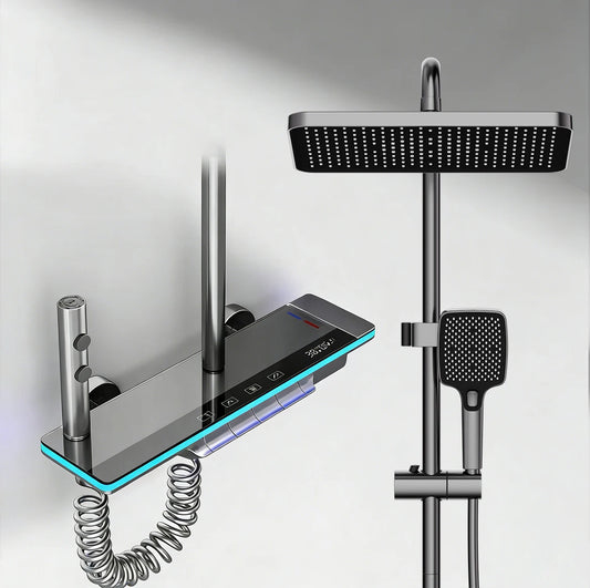 Smart Digital Display Shower System: LED Temperature Display, Copper Mixer Valve, Tempered Glass Panel & Rainfall Shower Set
