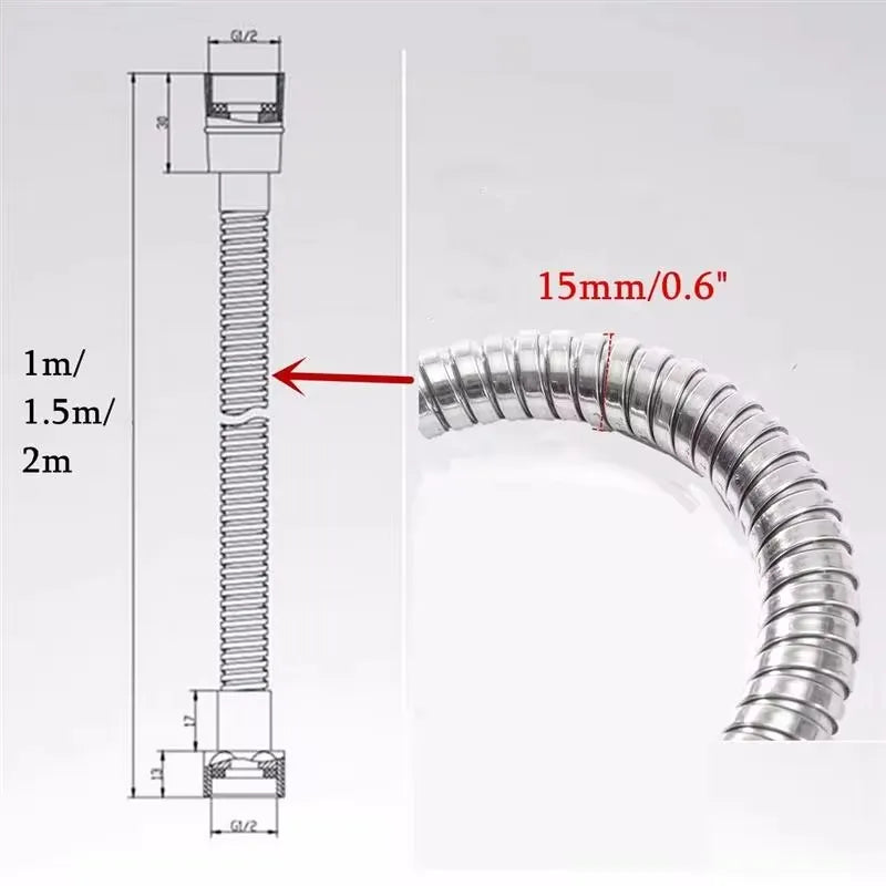 Golden 1.5m/2m/3m G1/2'' Flexible Shower Hose High Pressure Explosion-proof Stainless Steel Bathroom Shower Head Extension Pipe