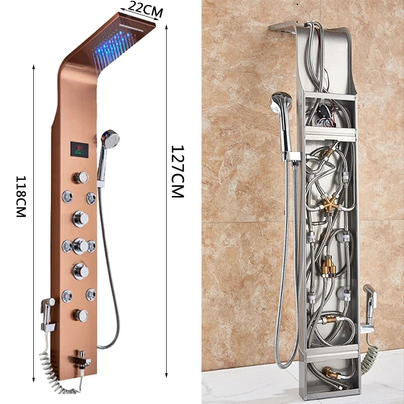 Wanmivezlo Shower Panel Column 6-Ways Functions LED Rain Waterfall Shower With Digital Display and Bidet Bath Shower Crane