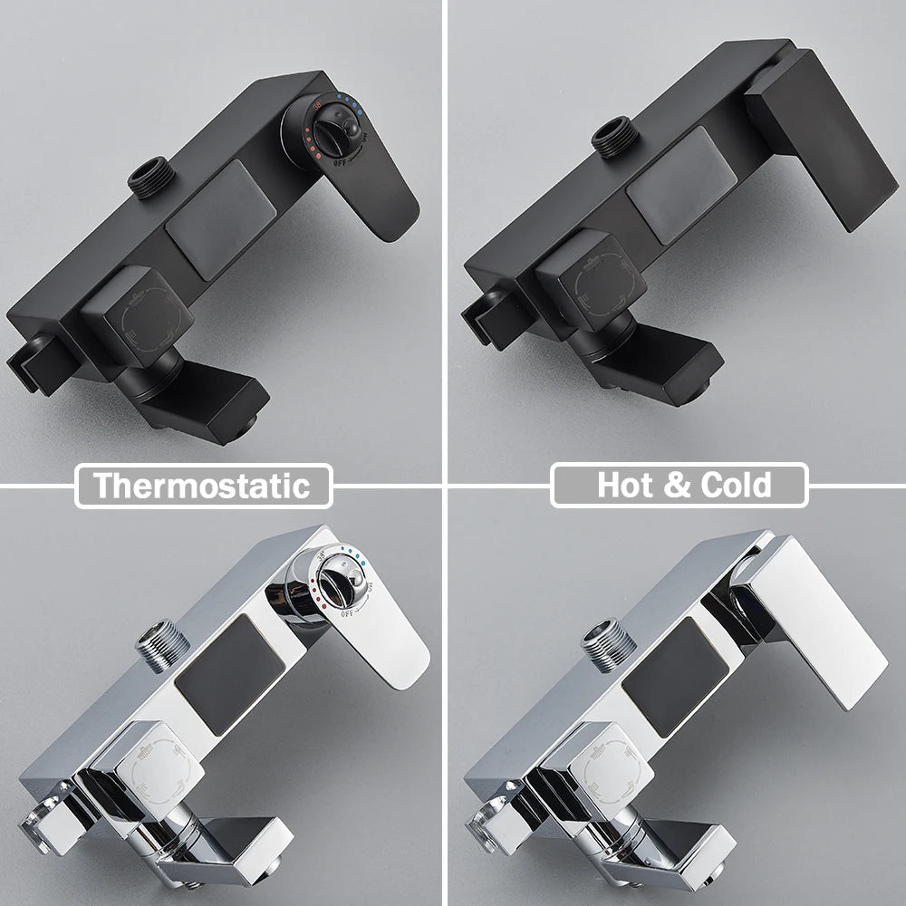 Black Digital Display Thermostatic Shower Faucet Bathroom Thermostatic 4 ways Rainfall Shower Mixer Tap,Shelf and Bidet Faucets