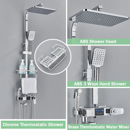 Black Digital Display Thermostatic Shower Faucet Bathroom Thermostatic 4 ways Rainfall Shower Mixer Tap,Shelf and Bidet Faucets