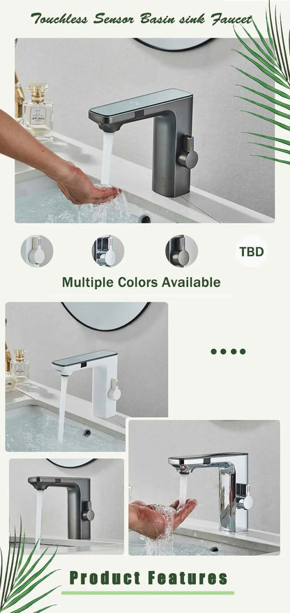 rozin Touchless Sensor Basin Faucet Smart Digital Display Bathroom Sink Faucets Grey Brass Sense Hot Cold Water Mixer Tap Crane