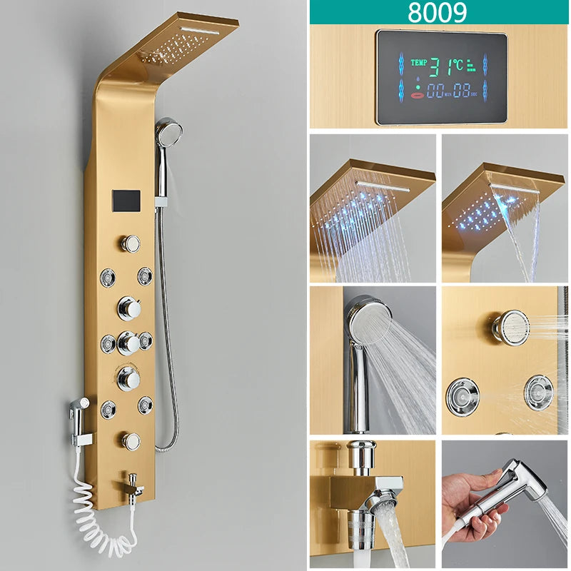 Wanmivezlo Shower Panel Column 6-Ways Functions LED Rain Waterfall Shower With Digital Display and Bidet Bath Shower Crane