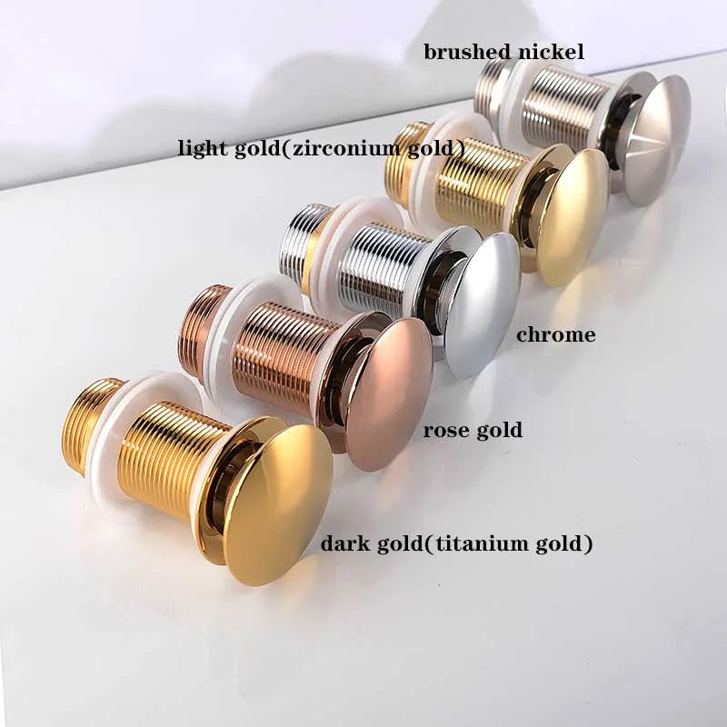 Bathroom Sink Push Down Pop Up Stopper Drain in Brushed Gold,Matt Black,White,Rose Gold,Gold,Chrome Washbasin Accessoires