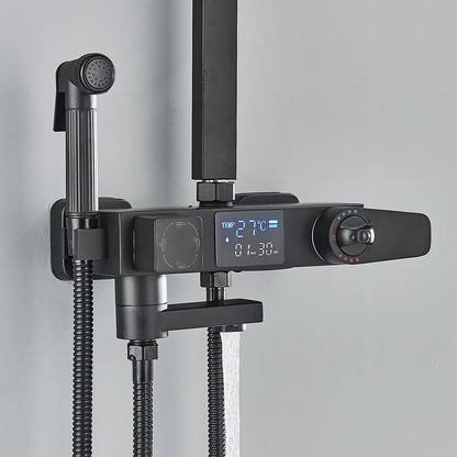 Black Digital Display Thermostatic Shower Faucet Bathroom Thermostatic 4 ways Rainfall Shower Mixer Tap,Shelf and Bidet Faucets