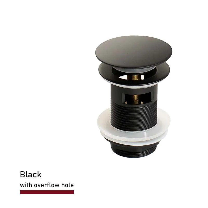 Bathroom Sink Push Down Pop Up Stopper Drain in Brushed Gold,Matt Black,White,Rose Gold,Gold,Chrome Washbasin Accessoires