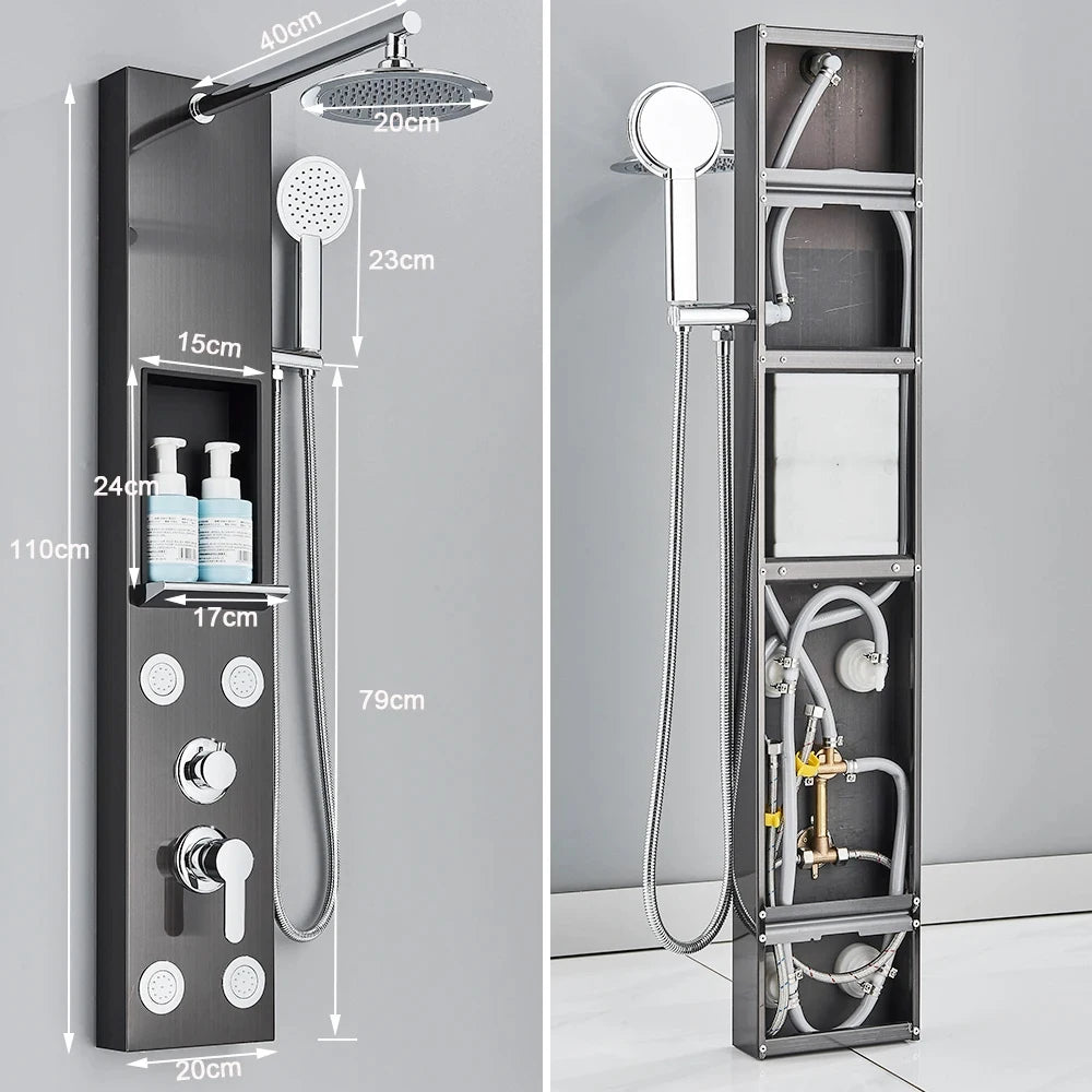 Brushed Nickel Shower Panel Column Rain&Waterfall Shower Head  Massage Jets Hot and Cold Mixer Tap Bathroom Shower Faucet