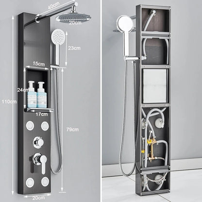 Brushed Nickel Shower Panel Column Rain&Waterfall Shower Head  Massage Jets Hot and Cold Mixer Tap Bathroom Shower Faucet