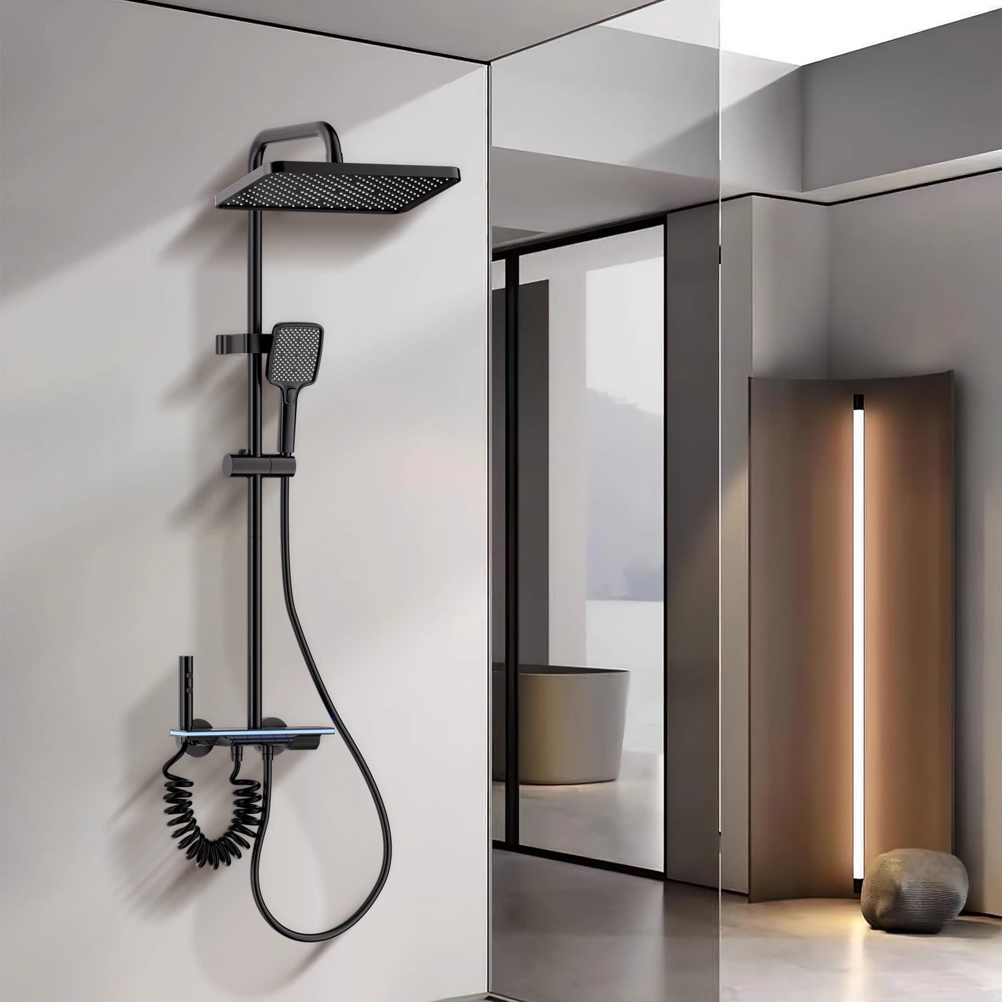 Smart Digital Display Shower System: LED Temperature Display, Copper Mixer Valve, Tempered Glass Panel & Rainfall Shower Set