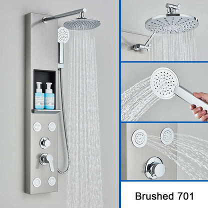 Brushed Nickel Shower Panel Column Rain&Waterfall Shower Head  Massage Jets Hot and Cold Mixer Tap Bathroom Shower Faucet