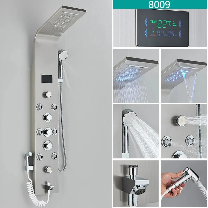 Wanmivezlo Shower Panel Column 6-Ways Functions LED Rain Waterfall Shower With Digital Display and Bidet Bath Shower Crane