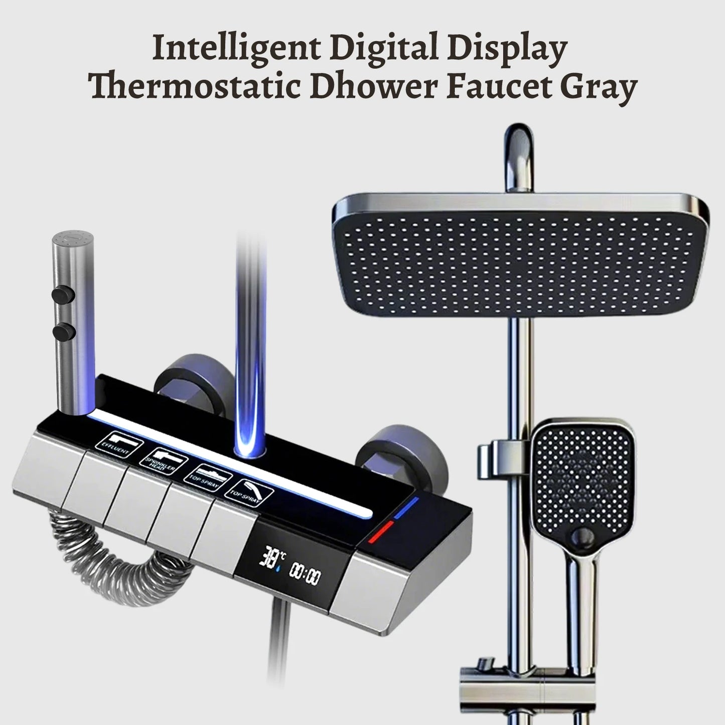 Digital Display Shower Faucet Set  Modern Style Rainfall Bathroom Digital Mixer Tap Grey Bidet Shower System