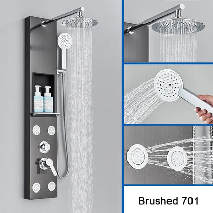Brushed Nickel Shower Panel Column Rain&Waterfall Shower Head  Massage Jets Hot and Cold Mixer Tap Bathroom Shower Faucet