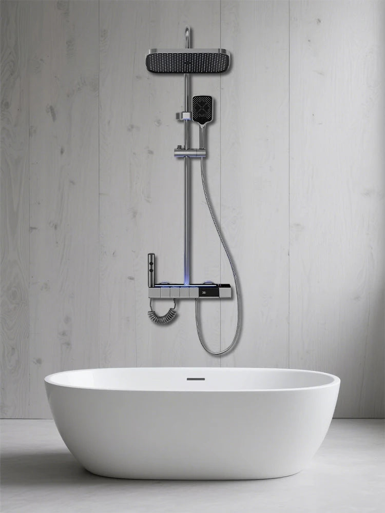 Digital Display Shower Faucet Set  Modern Style Rainfall Bathroom Digital Mixer Tap Grey Bidet Shower System