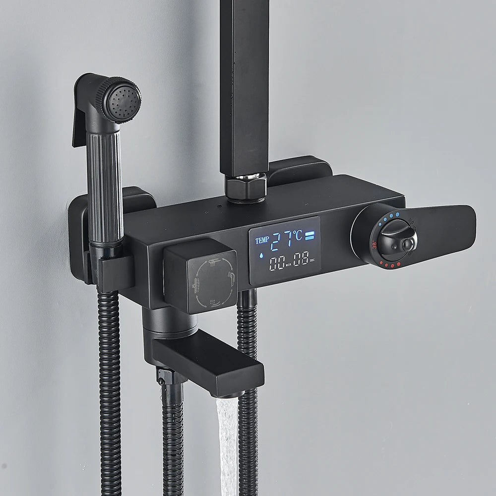 Black Digital Display Thermostatic Shower Faucet Bathroom Thermostatic 4 ways Rainfall Shower Mixer Tap,Shelf and Bidet Faucets