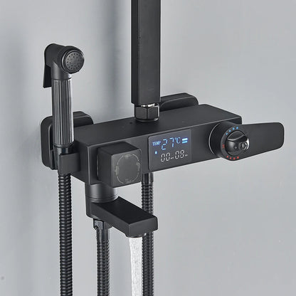Black Digital Display Thermostatic Shower Faucet Bathroom Thermostatic 4 ways Rainfall Shower Mixer Tap,Shelf and Bidet Faucets