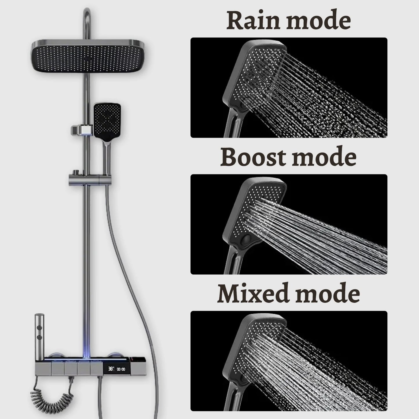 Digital Display Shower Faucet Set  Modern Style Rainfall Bathroom Digital Mixer Tap Grey Bidet Shower System