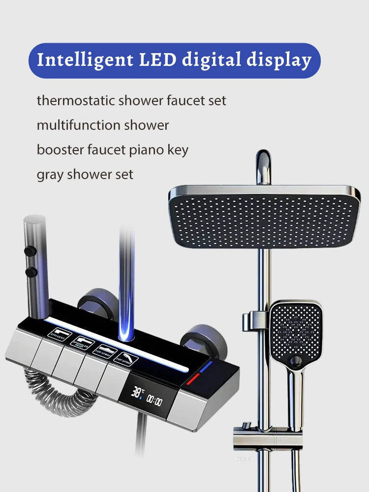 Digital Display Shower Faucet Set  Modern Style Rainfall Bathroom Digital Mixer Tap Grey Bidet Shower System