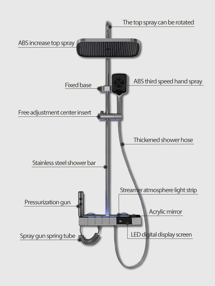 Digital Display Shower Faucet Set  Modern Style Rainfall Bathroom Digital Mixer Tap Grey Bidet Shower System