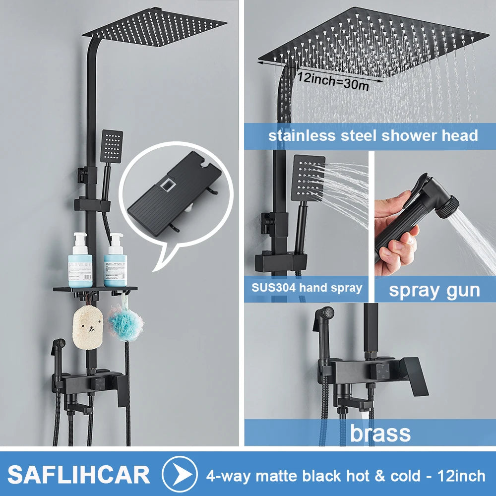 Black/Chrome Brass Shower Faucet Bathroom Shower Mixer Crane Rainfall Shower Set  For Bathroom