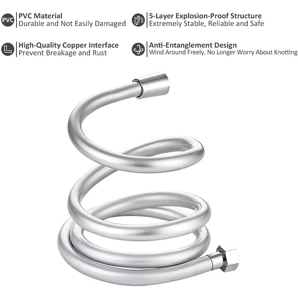 High Pressure Silver/Black Smooth PVC Bathroom Shower Hose 360° Rotation Flexible Hand Held Shower Head