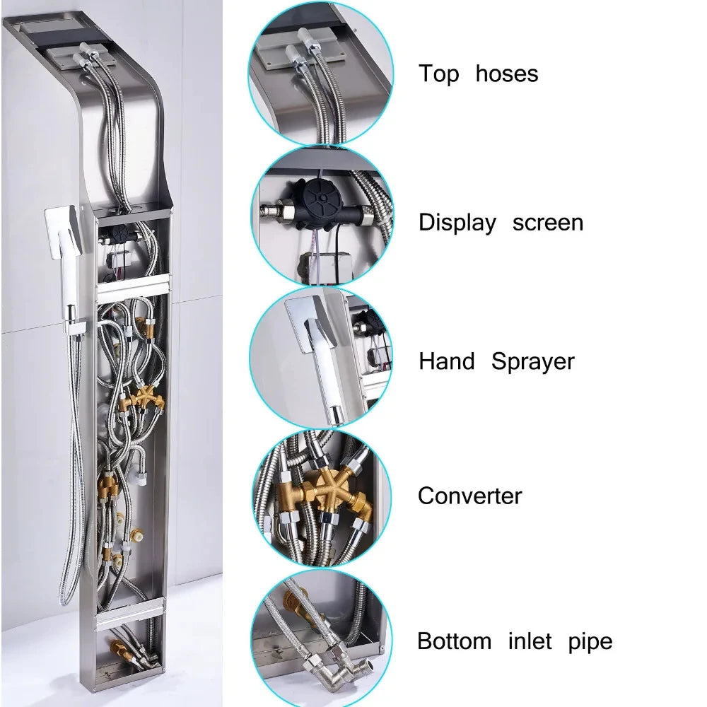 Wanmivezlo Shower Panel Column 6-Ways Functions LED Rain Waterfall Shower With Digital Display and Bidet Bath Shower Crane