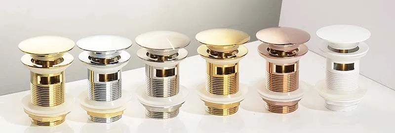 Bathroom Sink Push Down Pop Up Stopper Drain in Brushed Gold,Matt Black,White,Rose Gold,Gold,Chrome Washbasin Accessoires