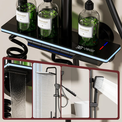 Smart Digital Display Shower System: LED Temperature Display, Copper Mixer Valve, Tempered Glass Panel & Rainfall Shower Set