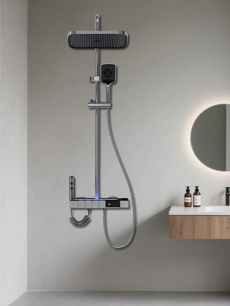 Digital Display Shower Faucet Set  Modern Style Rainfall Bathroom Digital Mixer Tap Grey Bidet Shower System